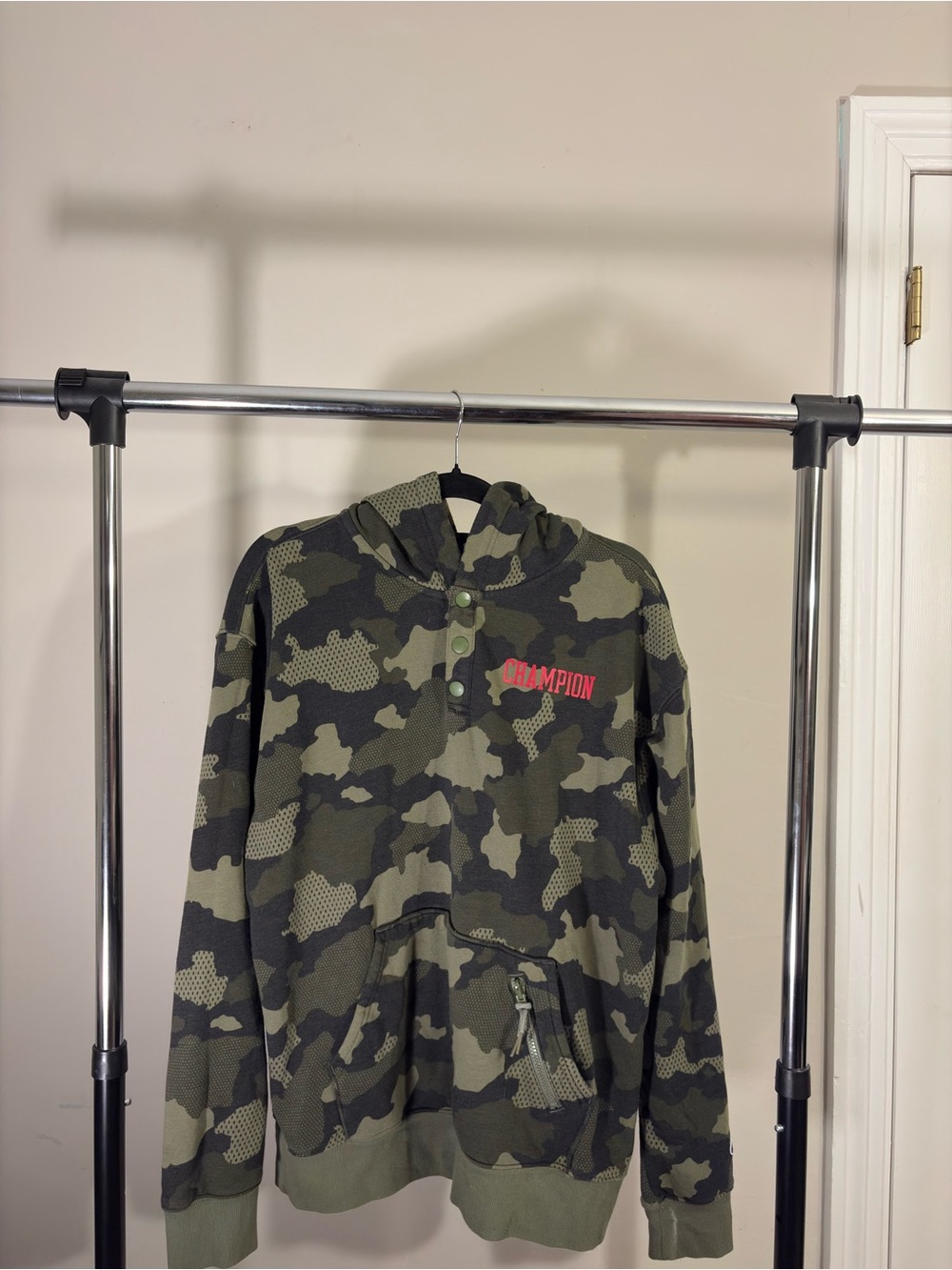 Champion Olive Camo Jacket with Black Trim and Red Logo